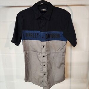 Harley Davidson Men's S Short Sleeve Button Up Colorblock Retro Gray‎ Blue Black